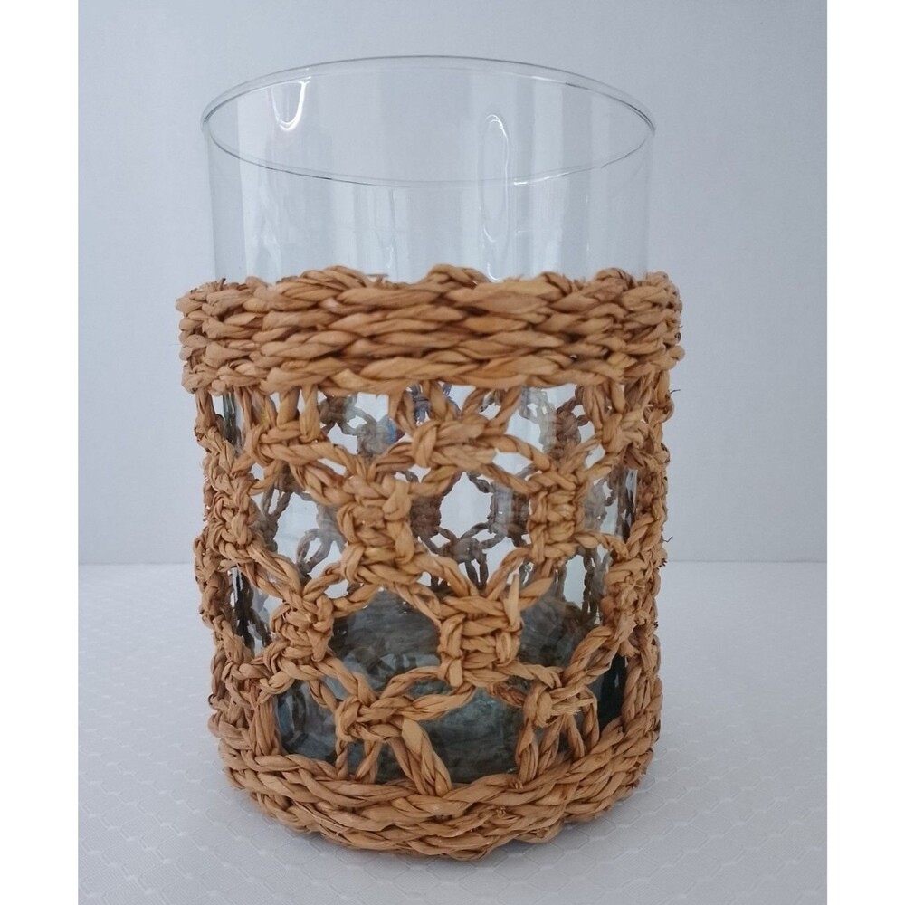 Vintage 7.5" Seagrass Wrapped Glass Cylinder Hurricane Vase Candle Holder Boho